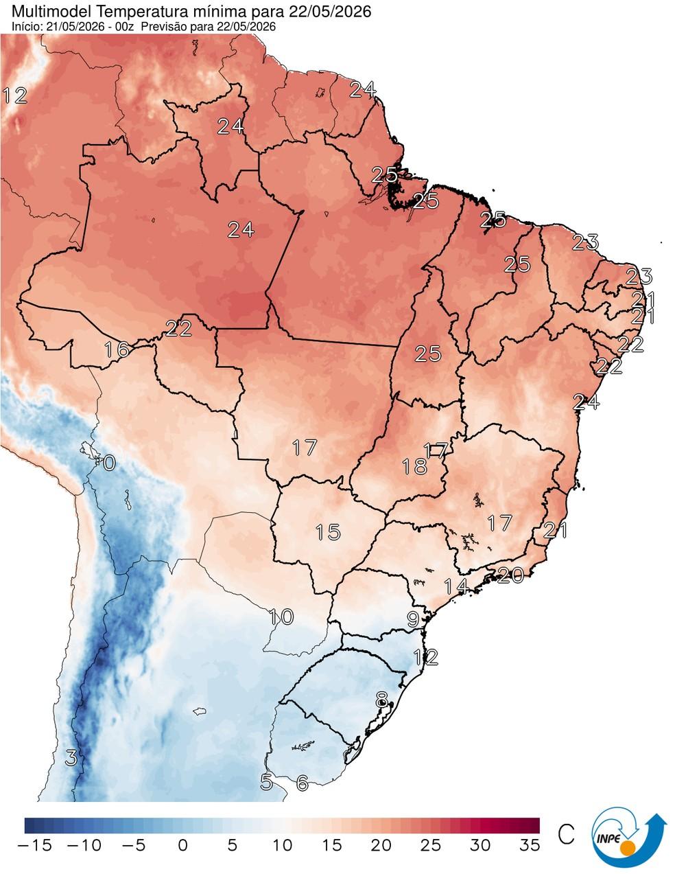Temperaturas mínimas previstas para esta sexta em todo o Brasil.