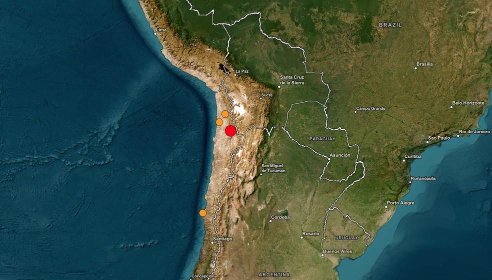 Círculo vermelho indica local onde houve terremoto no Chile, em 25 de maio de 2026