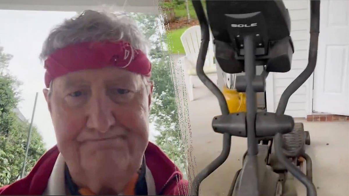 Split image of Sen John Kennedy and his elliptical machine 'Margaret'.