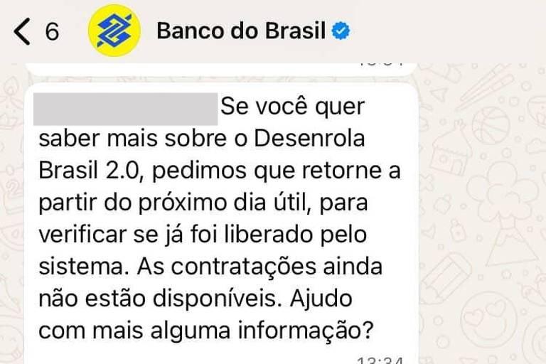 Captura de tela de conversa no WhatsApp com atendimento do Banco do Brasil