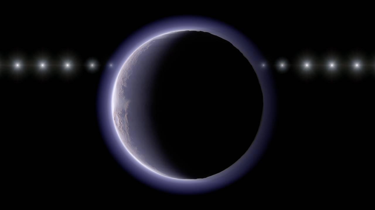 Foto de planeta passando por estrela.