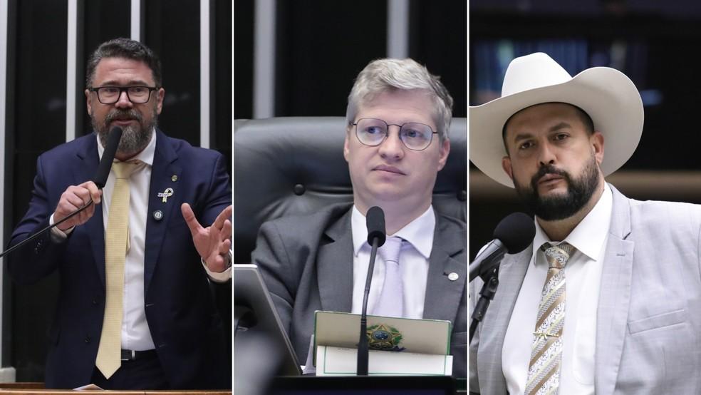 Montagem com as fotos dos deputados Marcos Pollon (PL-MS), Marcel van Hattem (Novo-RS) e Zé Trovão (PL-SC)