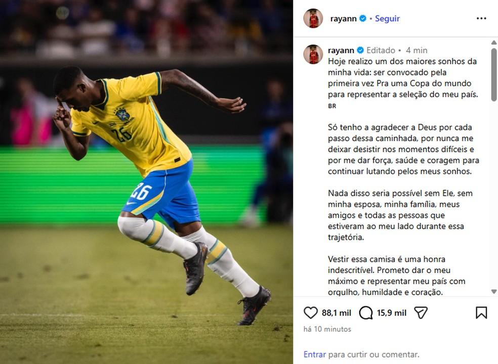 Rayan celebra convocação para a Copa do Mundo