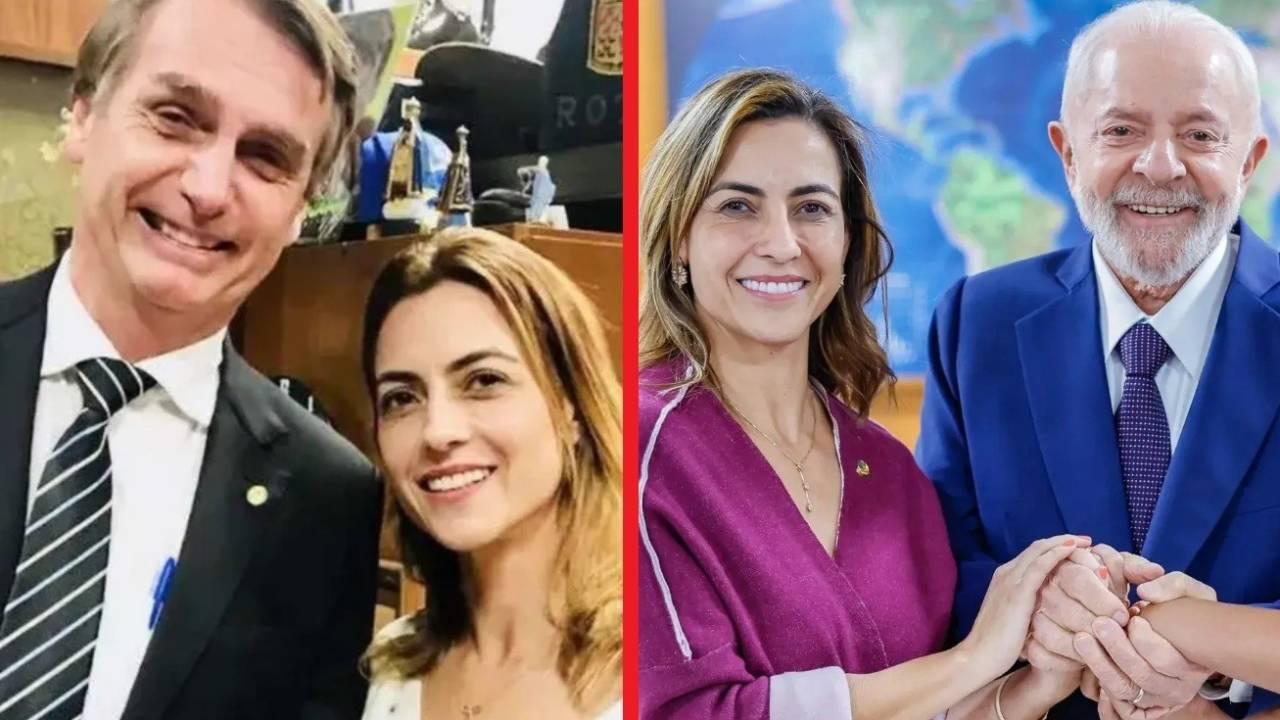 Montagem de fotos de Soraya Thronicke com Lula e Bolsonaro durante evento.