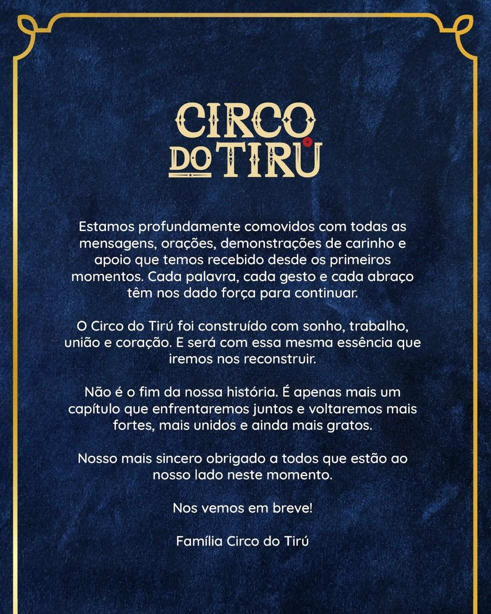 Comunicado do Circo do Tirullipa sobre o incêndio