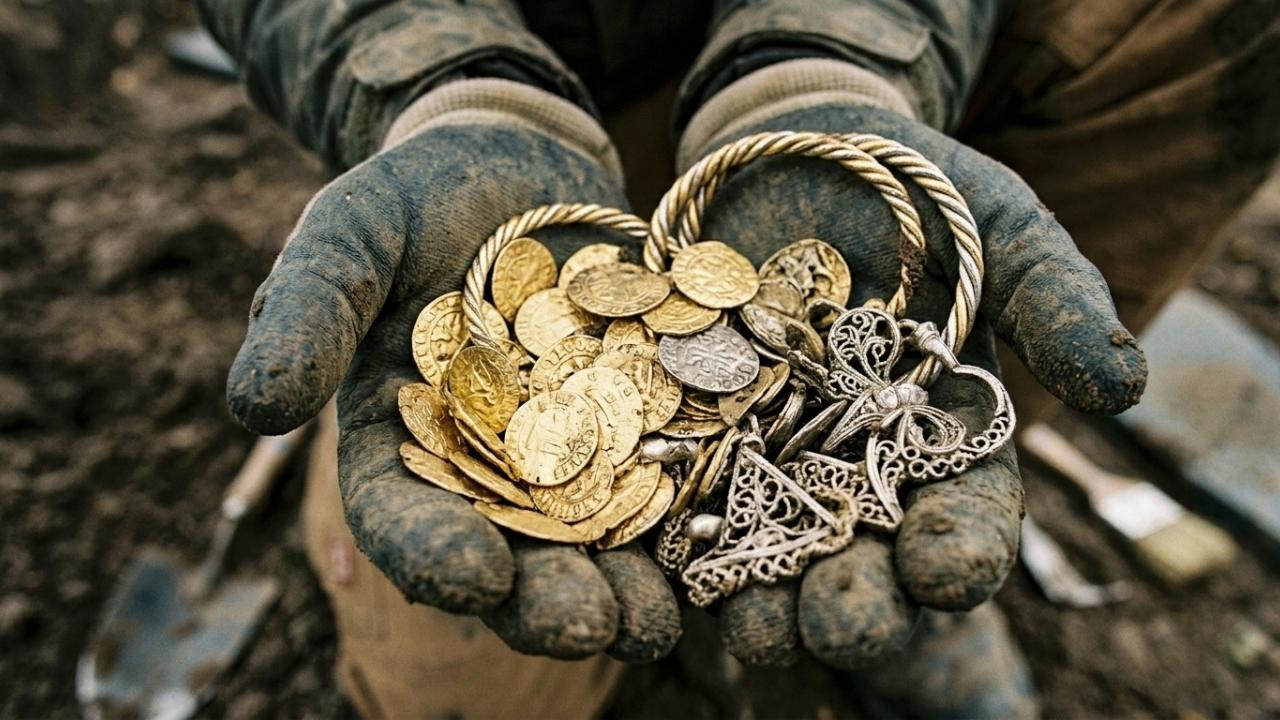 Homem caminhando por um campo e encontrou um enorme tesouro de ouro viking