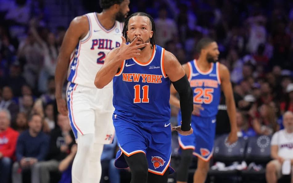 Jalen Brunson, do New York Knicks, em vitória sobre o Philadelphia 76ers nos playoffs da NBA
