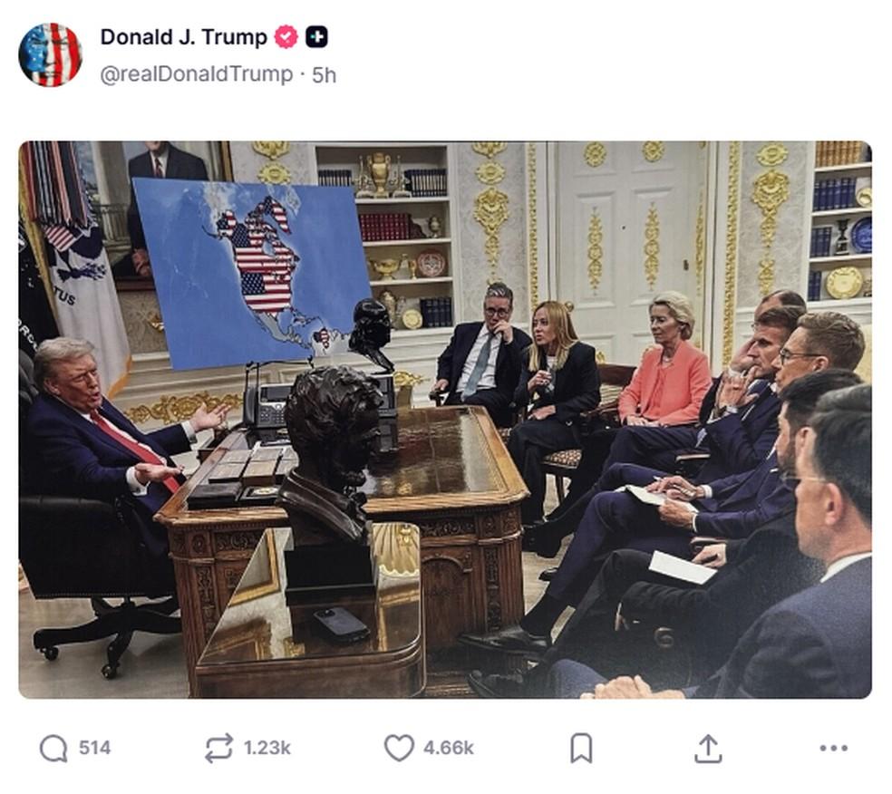 Montagem de IA de Trump com líderes europeus e um mapa da Groenlândia, Canadá e Venezuela