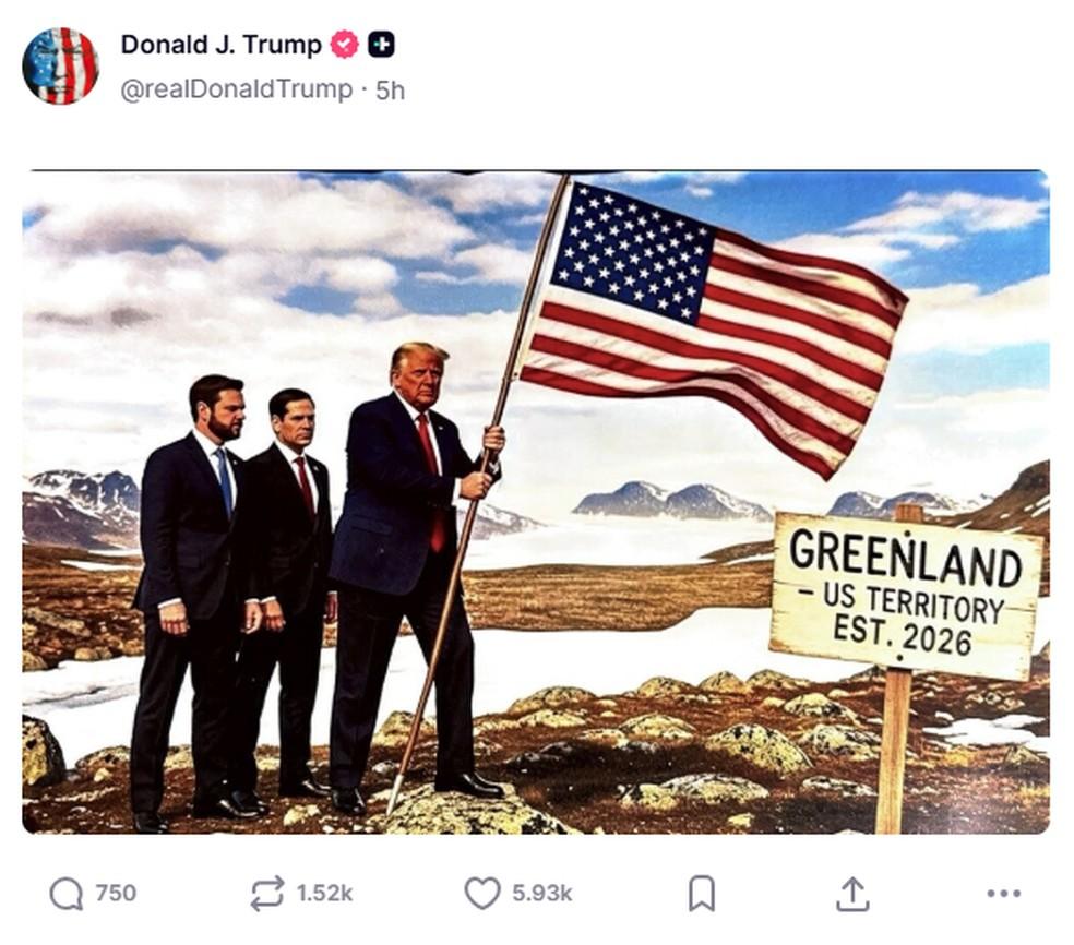 Montagem de IA de Trump fincando a bandeira dos EUA na Groenlândia