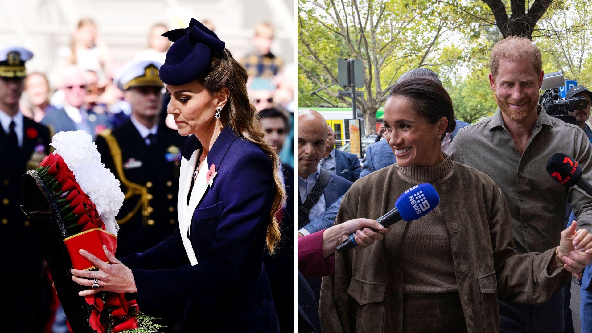 Kate Middleton lays a wreath for Anzac Day, R-Prince Harry and Meghan Markle with reporters in Australia