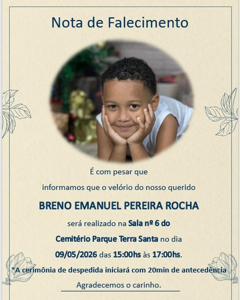 Breno Emanuel Rocha, de 7 anos, será velado e enterrado neste sábado (9), em Sabará, na Grande BH. — Foto: Redes sociais