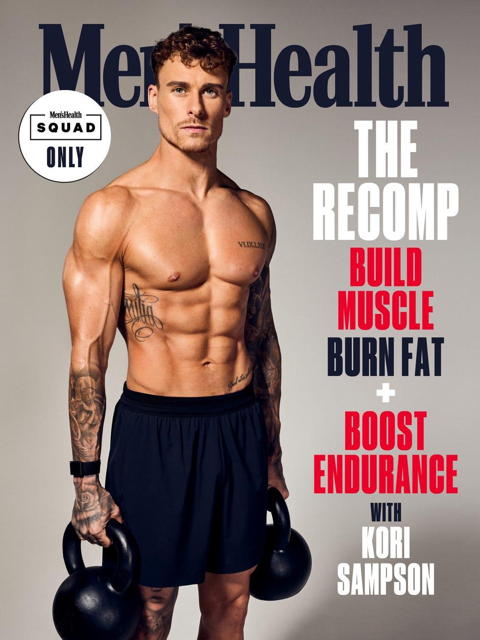 Capa de revista de fitness apresentando um homem musculoso com kettlebells