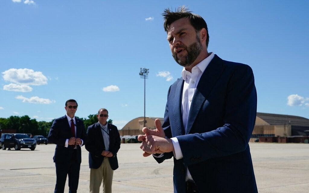US Vice President JD Vance speaks to the media at Joint Base Andrews, Maryland