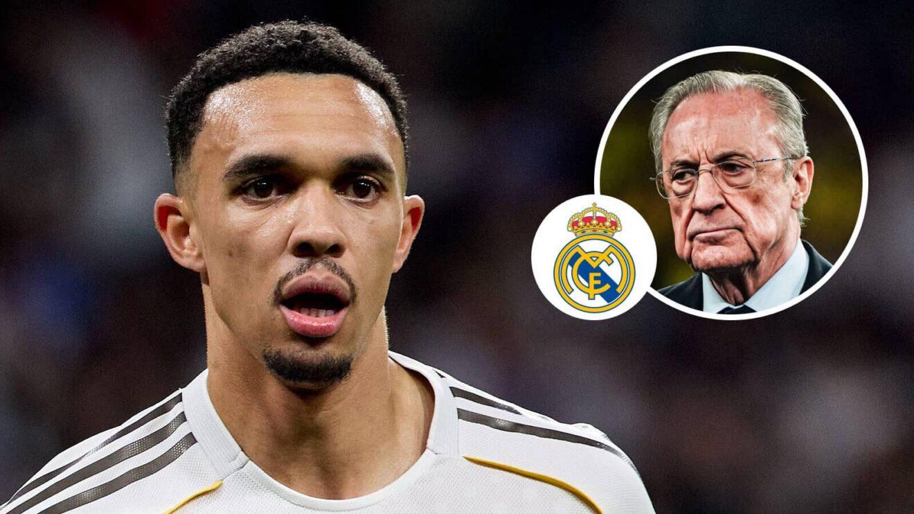 Real Madrid right-back Trent Alexander-Arnold, Real Madrid badge and Florentino Perez - copyright F365.