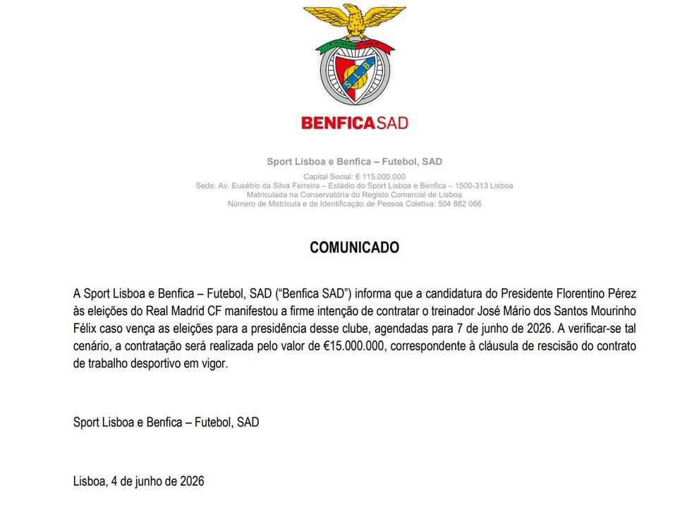 Comunicado do Benfica sobre José Mourinho e o Real Madrid