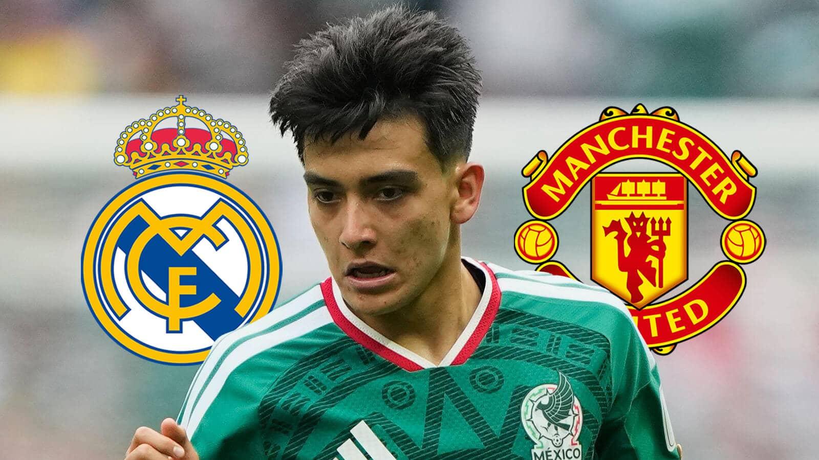 Emblemas do Real Madrid e Manchester United ao lado de Gilberto Mora