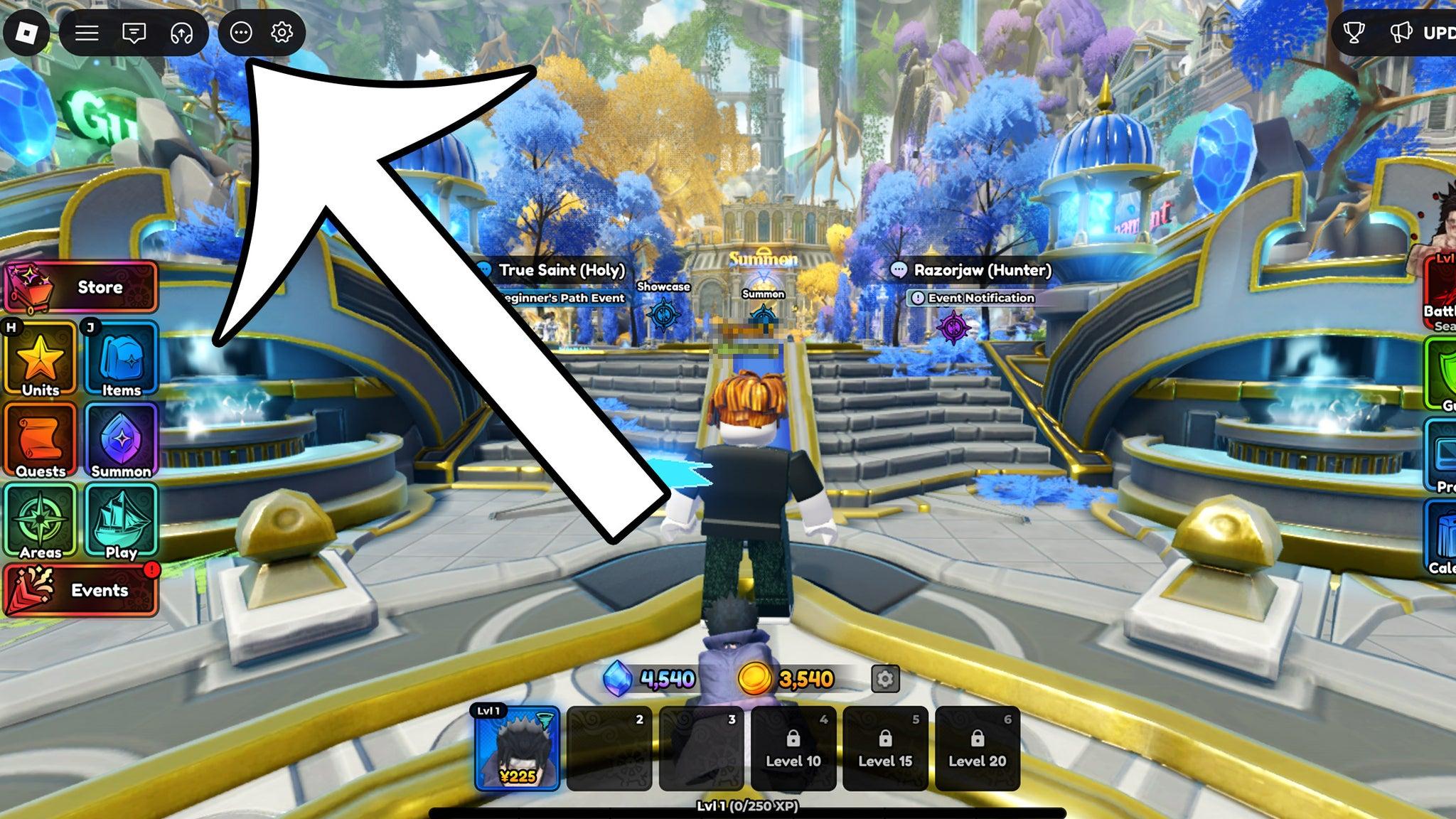 Imagem indicando onde clicar para resgatar códigos no Anime Expeditions