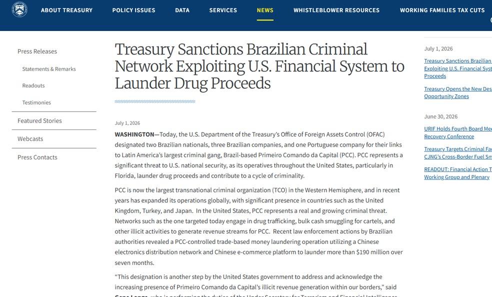 EUA sancionam duas pessoas e três empresas brasileiras por suposta ligação com o PCC em 1º de julho de 2026.