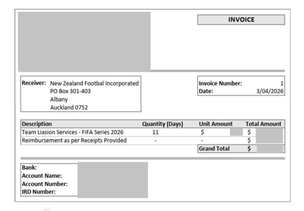 Comprovante de pagamento do trabalho feito pela brasileira como 'Team Liasion' no Fifa Series