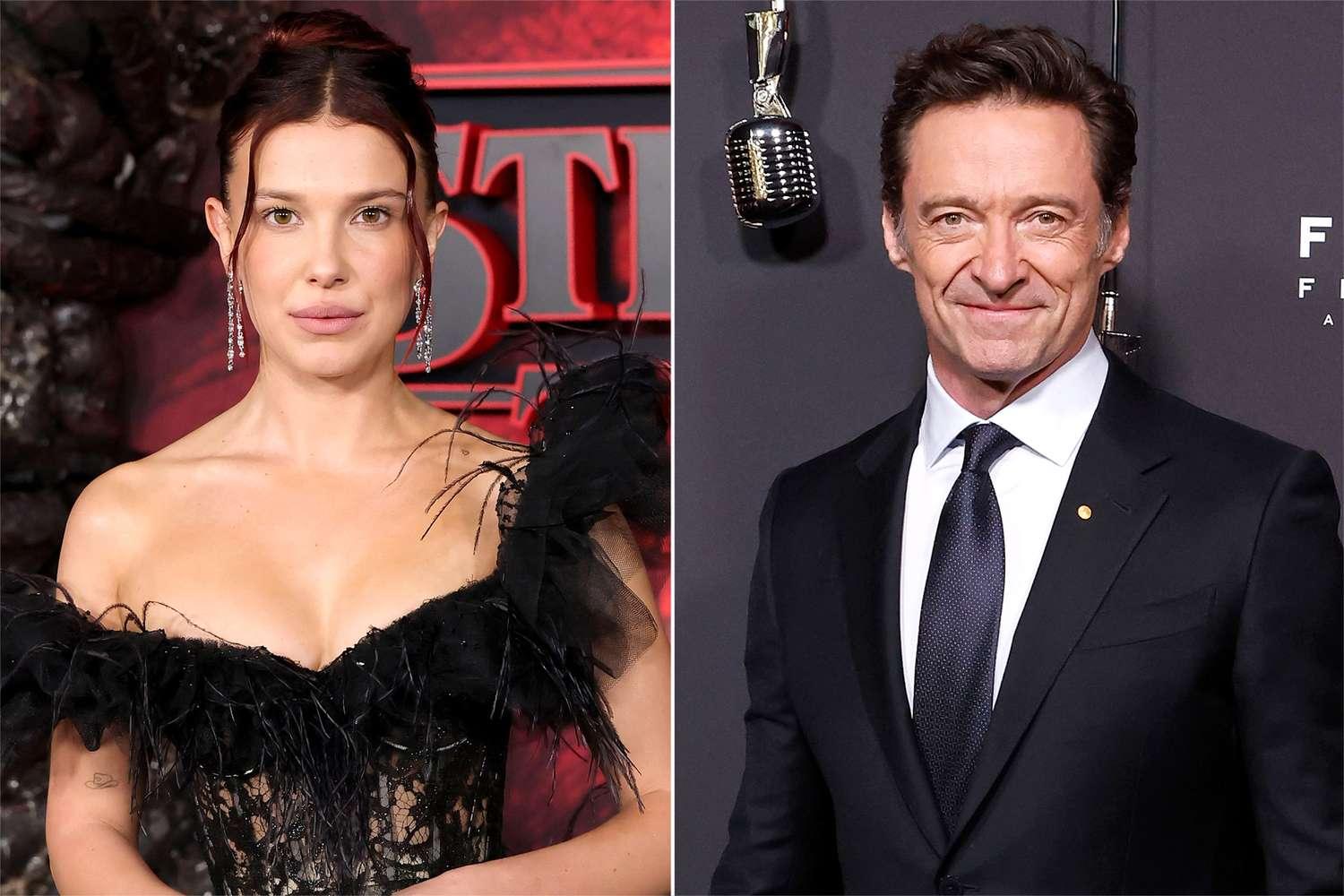 Millie Bobby Brown e Hugh Jackman posando separadamente em trajes formais.