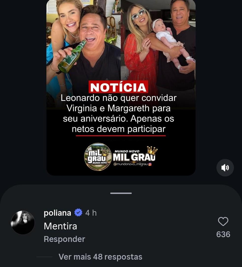 Poliana Rocha reage notícia de que Virginia Fonseca estaria banida de festa de aniversário de Leonardo