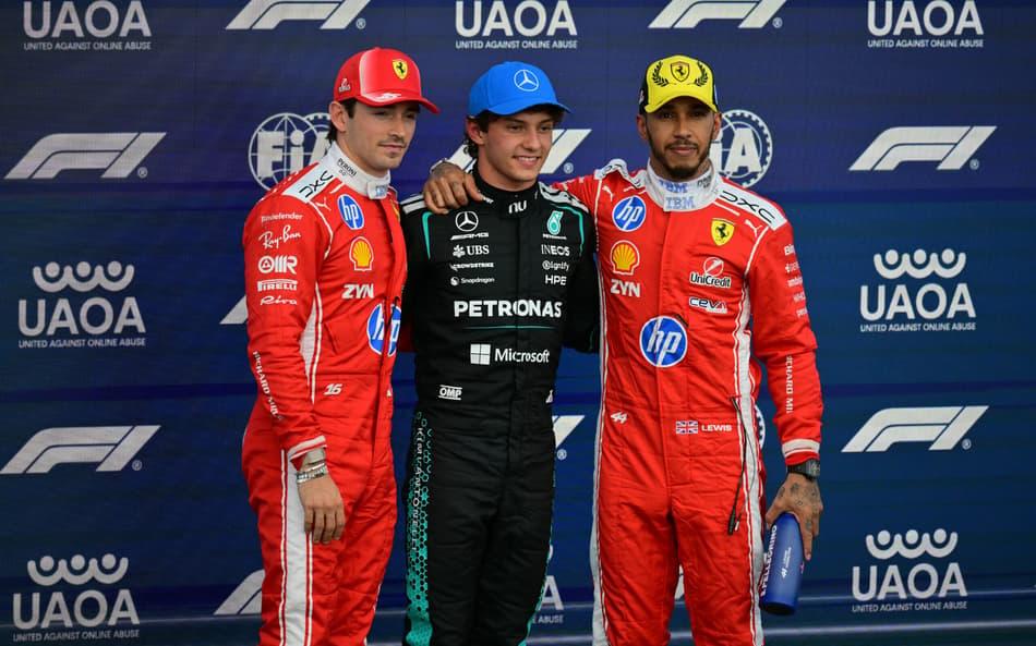 Grid de largada do GP da Inglaterra, com Charles Leclerc, Kimi Antonelli e Lewis Hamilton, na F1 2026.