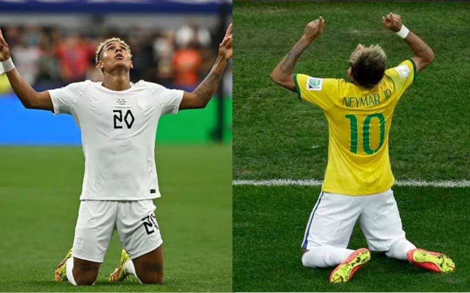 Montagem com as fotos de Antonio Nusa e Neymar comemorando gols.