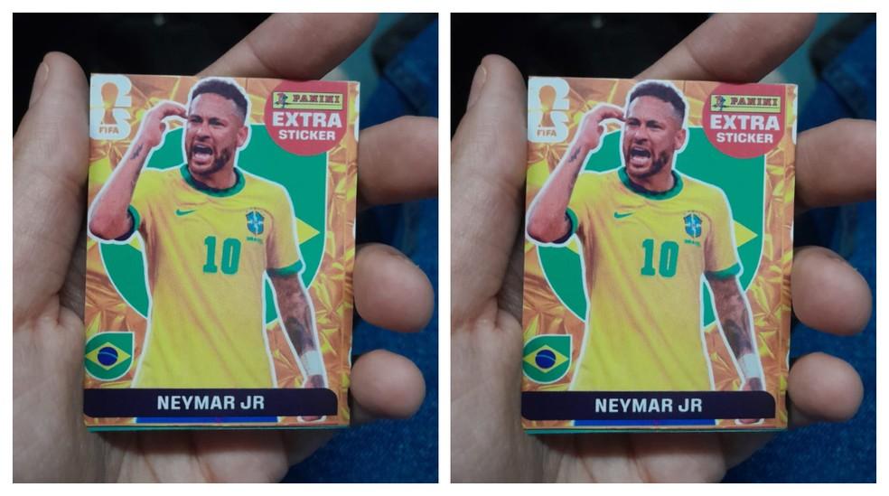 Pack de figurinhas compradas na CPTM, revelando um card de Neymar da edição de 2022