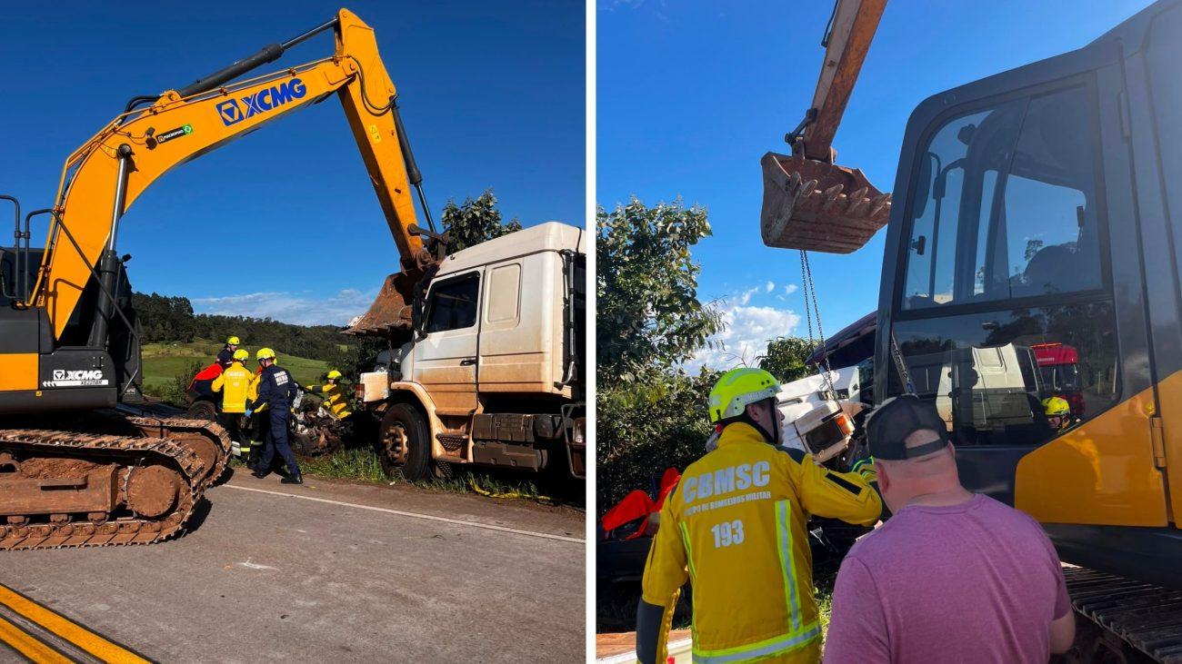 Escavadeira foi utilizada para retirar o carro preso sob o caminhão após grave acidente na BR-163 em SC.