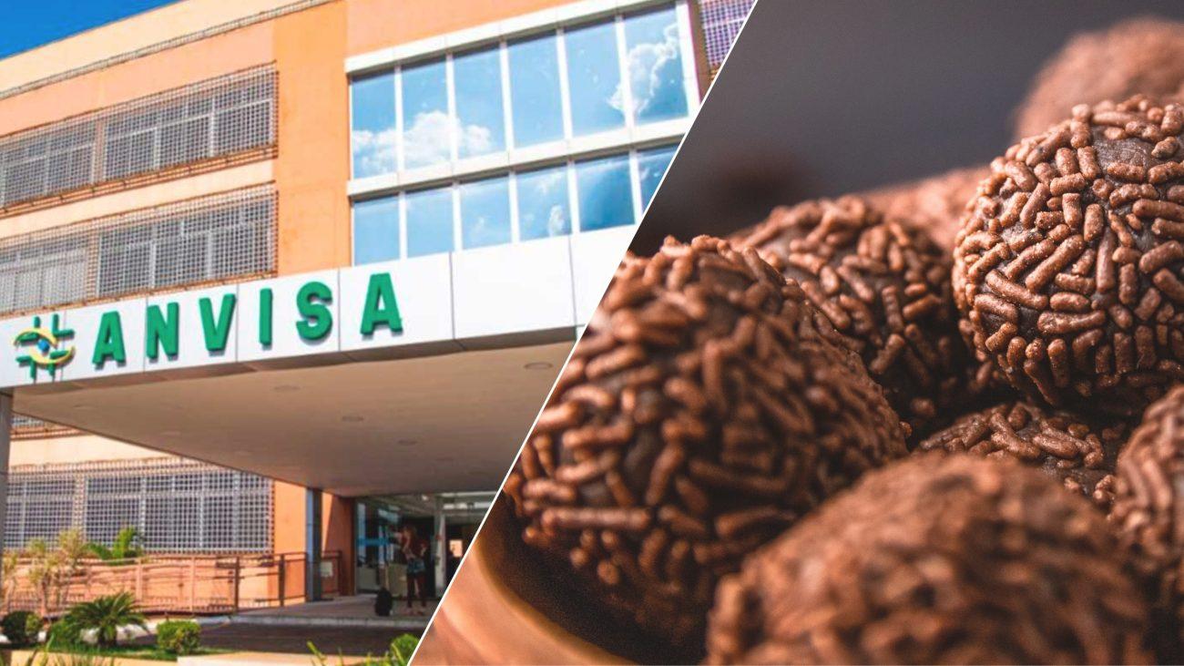 Montagem mostra sede da Anvisa ao lado de brigadeiros, destacando decisão em que a Anvisa proíbe venda de doces após irregularidades identificadas em produtos.