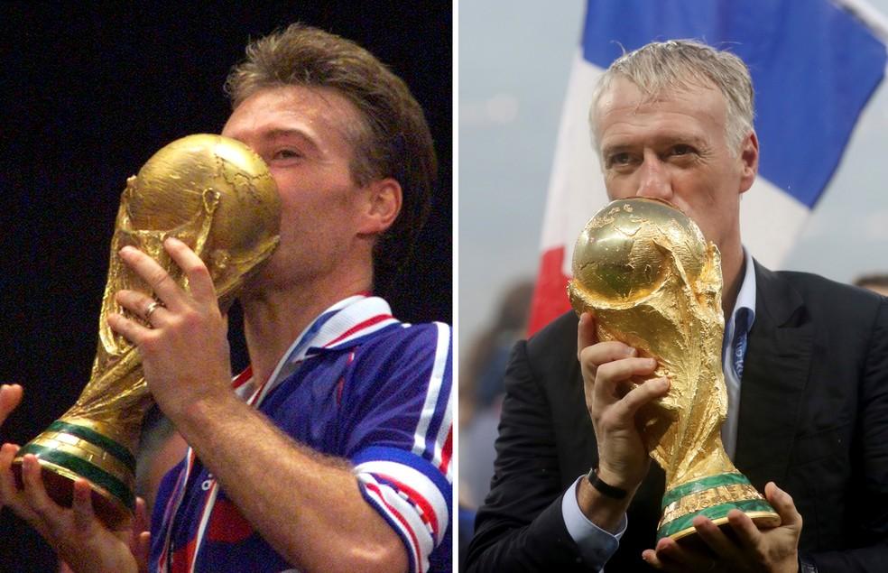 Didier Deschamps em 1998 como jogador, e em 2018 como técnico da França
